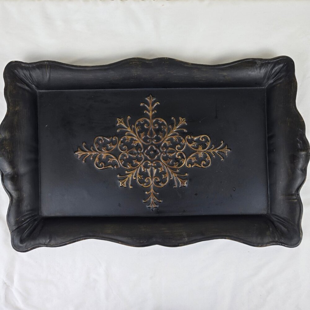 Southern Living at Home Black Metal Rectangular Tray Gold Stamped Top Scalloped